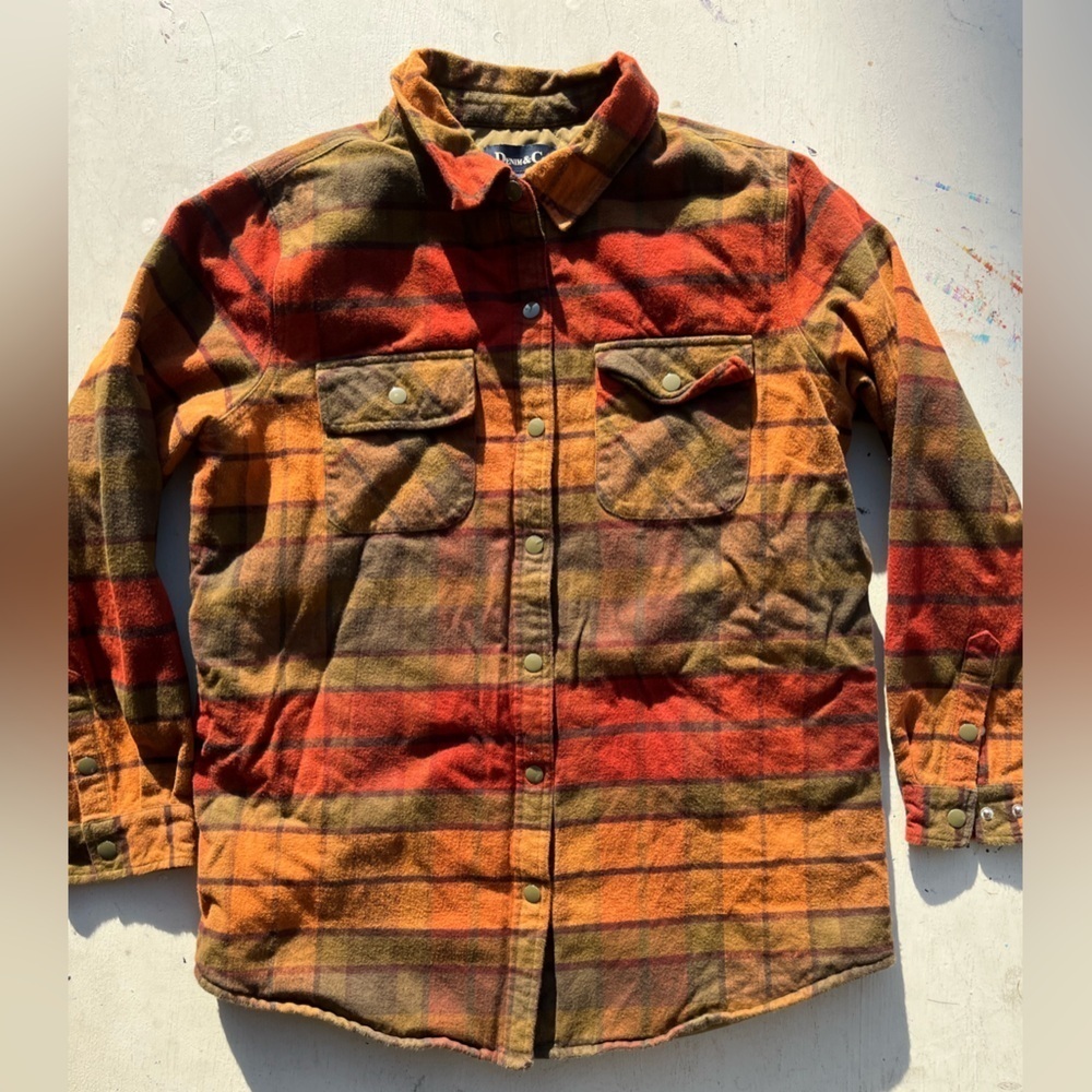 Women's Denim & Co Shirt Multicolor Plaid Button-Down M Outdoor Shacket Foliage